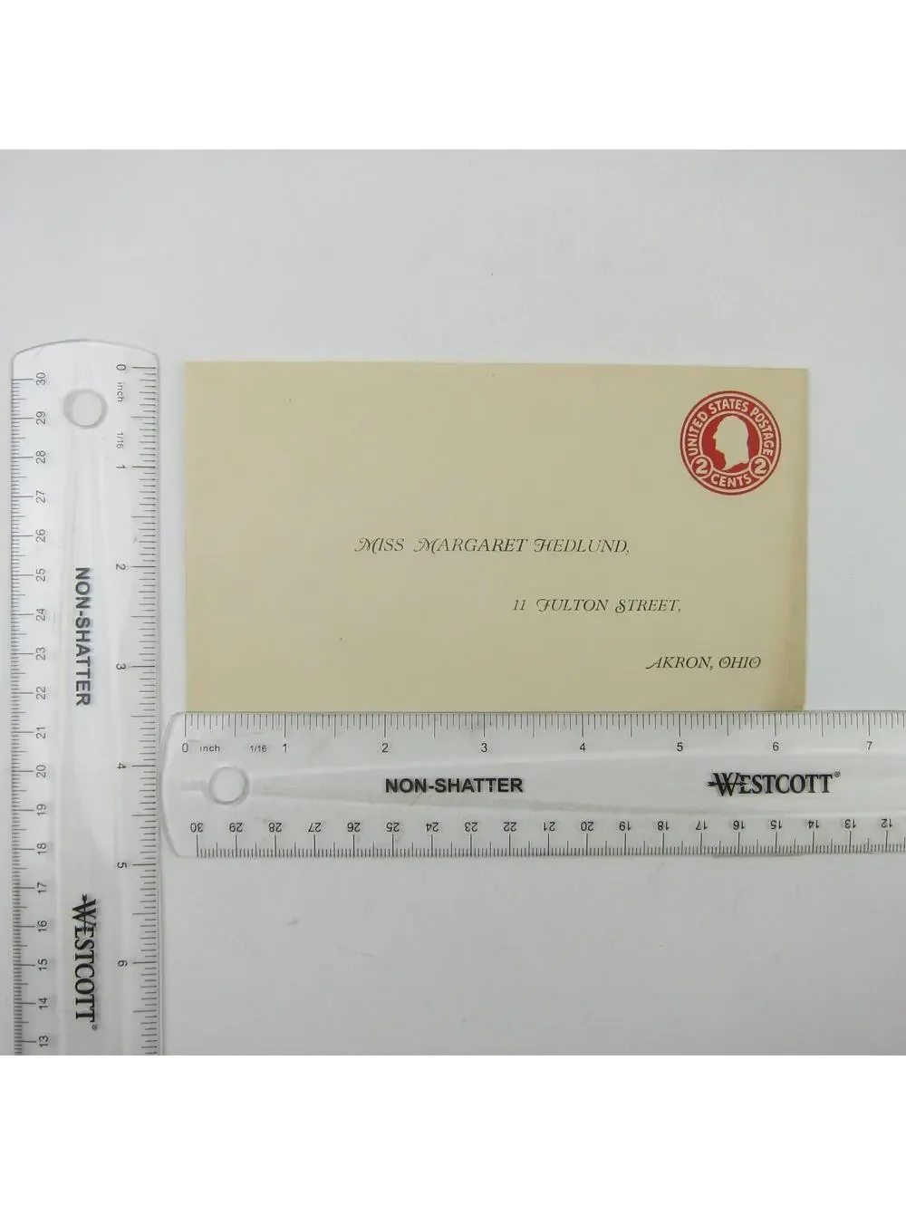 US Postal Stationery Miss Margaret Hedlund Akron Ohio 2 cent Washington Antique
